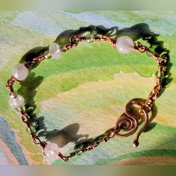 Moonstone Copper Chain Bracelet Rare Green Apatite Gems Dainty Artisan Crafted - Picture 8 of 16